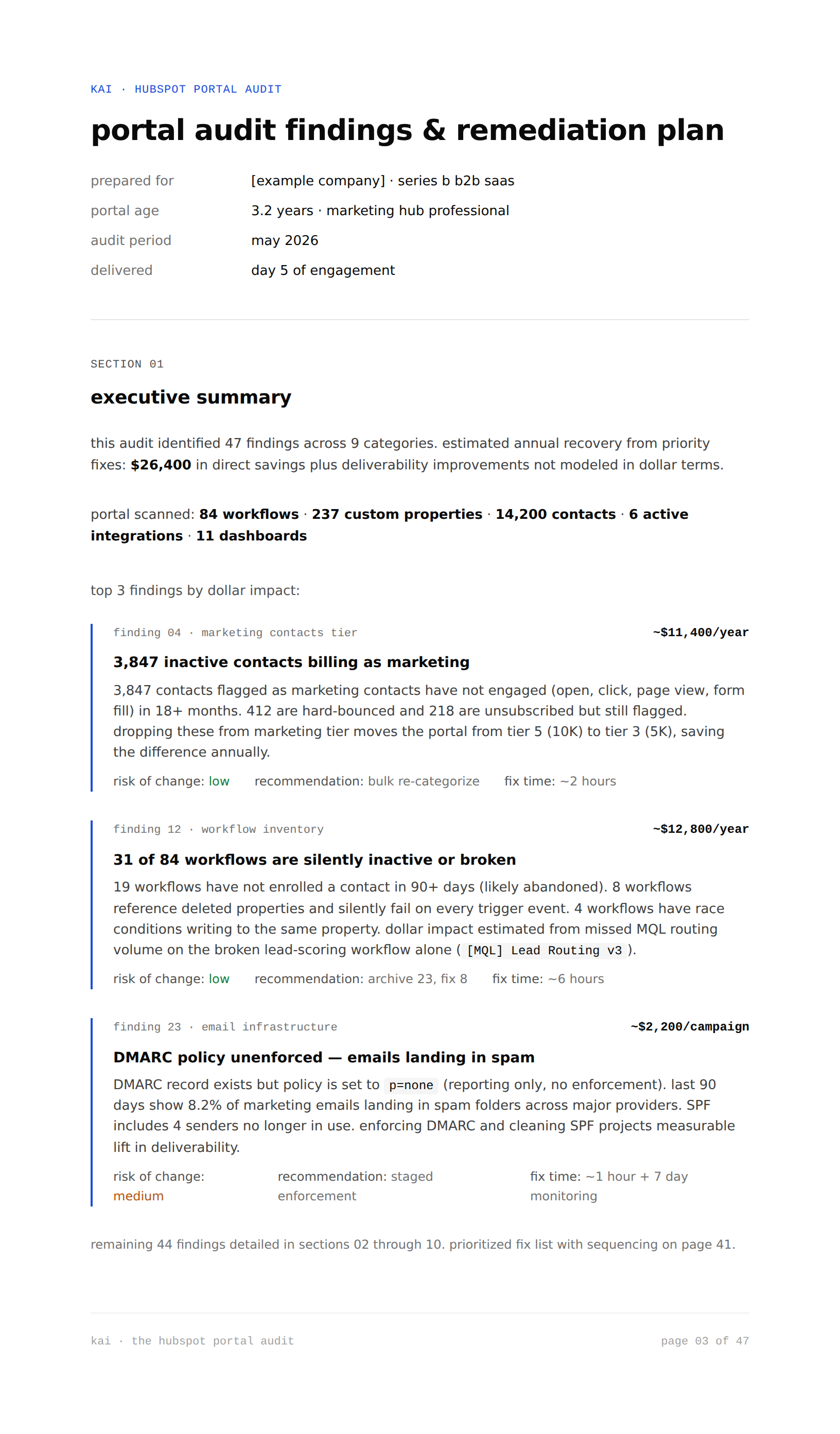 kai hubspot portal audit deliverable — sample first page